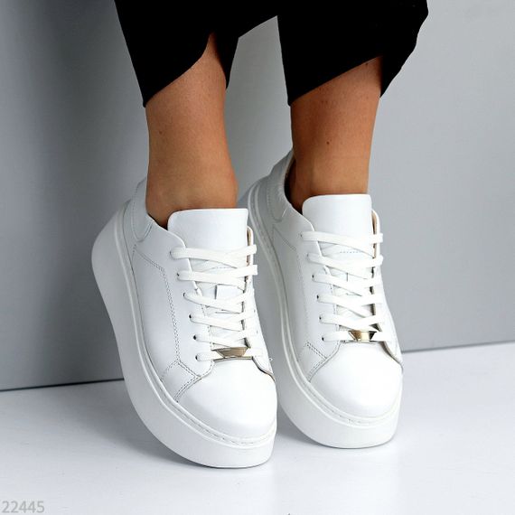 Молодіжні білі прошиті кросівки натуральна шкіра на платформі