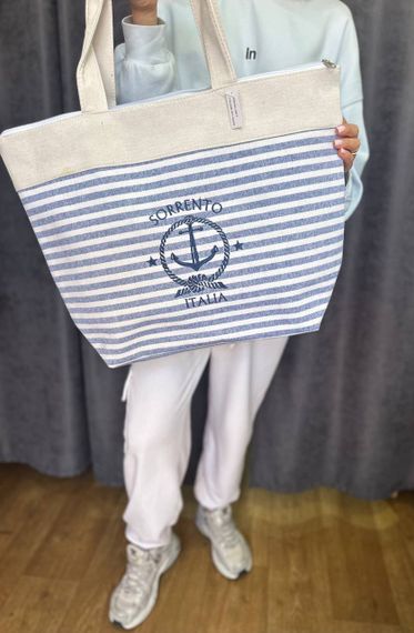 Женская большая пляжная сумка в полоску одно отделение на молнии AV8002 размер 50/38, голубая