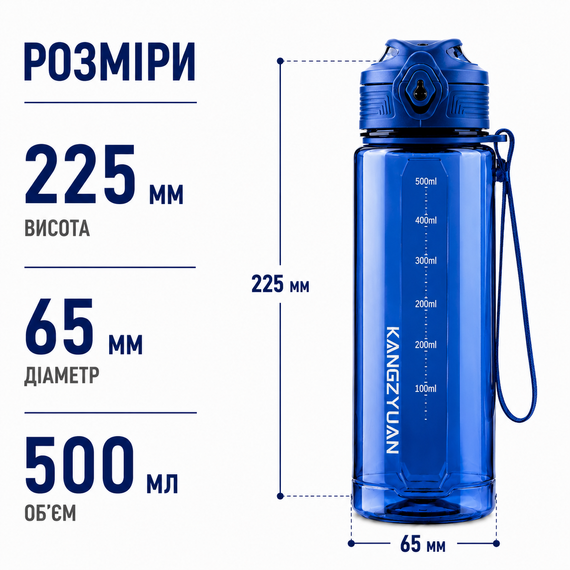 Бутылка для воды KANGZYUAN 500 мл Tritan спортивная, BPA Free, с герметичной крышкой Синяя | Зображення 7