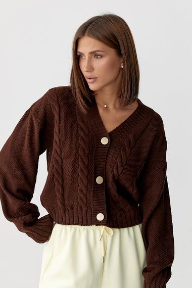Короткий в'язаний кардиган з косичками - коричневий цвет, ONE SIZE (є розміри) | Зображення 4