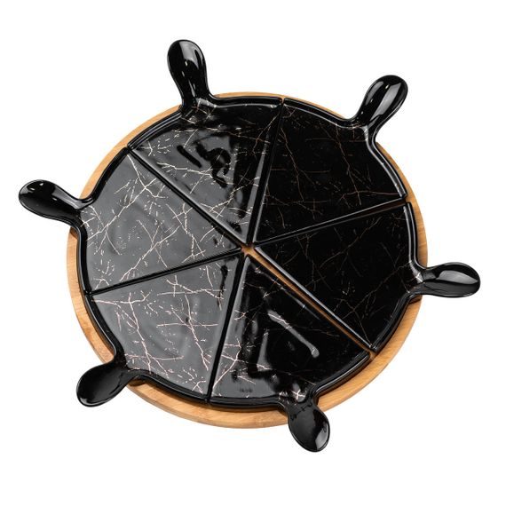 Тарелка для пиццы 28 см фарфоровая с бамбуковой вращающейся подставкой, секционная черная HP1247 | Зображення 4