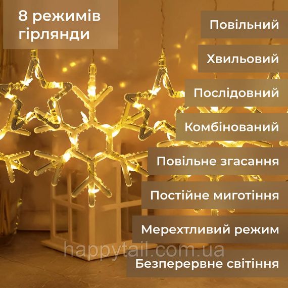 Гірлянда штора 3х0,9 м сніжинка зірка на 145 LED лампочок світлодіодна 10 шт 1733065ML Жовтий | Зображення 4