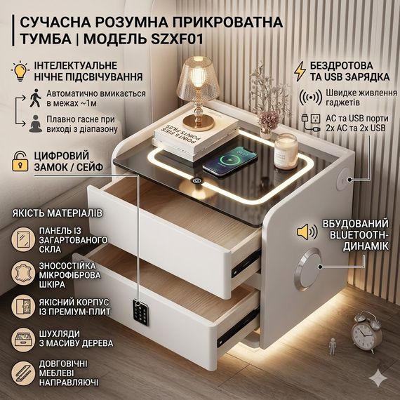 Умная расстраиваемая тумба YJXF01 White со встроенным сейфом, беспроводной зарядкой и Bluetooth-колонкой (Белая экокожа) | Зображення 3