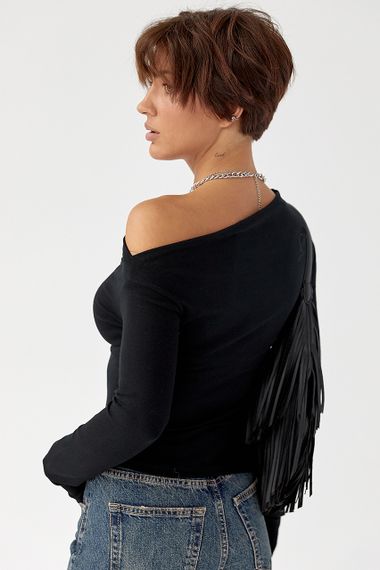 Асиметричний лонгслів з відкритим плечем - чорний цвет, M (є розміри) | Зображення 1