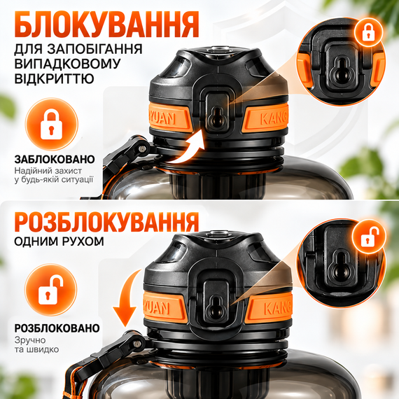 Бутылка для воды KANGZYUAN 2200 мл черная спортивная с Tritan BPA Free, ударопрочная, с ручкой и ремешком | Зображення 1