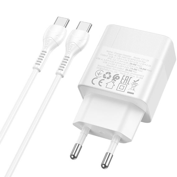 СЗУ Hoco CS112A Lounge PD30W+QC3.0 (1USB-A/1C) + кабель Type-C to Type-C White | Зображення 2