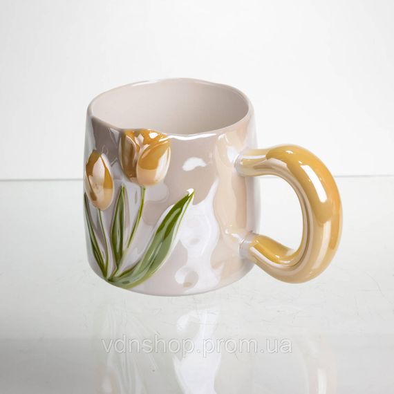 Новорічна порцелянова чашка для чаю та кави "Ніжний Тюльпан" з 3D-декором 400 мл, святкова кружка чашка на подарунок Помаранчевий | Зображення 3