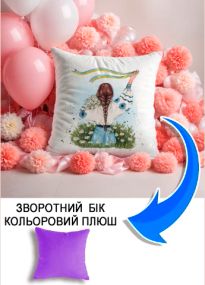 Подушка плюшева Мерч Крафт Дизайн з принтом дівчина зі стрічкою та ромашками бузковий плюш квадратна 33х33 см