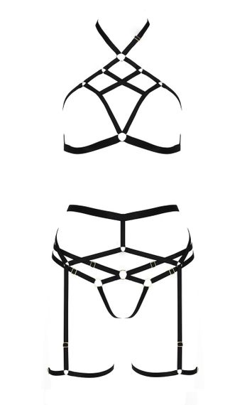 Комплект білизни зі стреп-стрічками та поясом для панчох MORGAN SET WITH OPEN BRA black S/M - Passion | Зображення 3