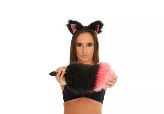 Анальный меховой хвост без пробки, Черный с ярко-розовым кончиком, OKOVA sexstyle | Зображення 3