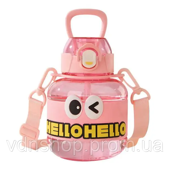 Бутылка для воды детская с трубочкой 680 мл с ручкой и ремешком Розовая HP-14-46P