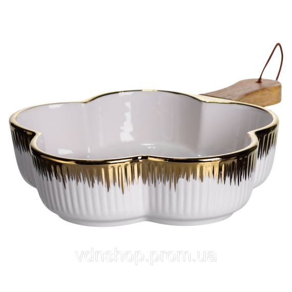 Тарелка фарфоровая глубокая с ручкой Цветок 27×20×5 (см) блюдо сервировочное с ручкой  для подачи тарелка сковорода Золото | Зображення 3