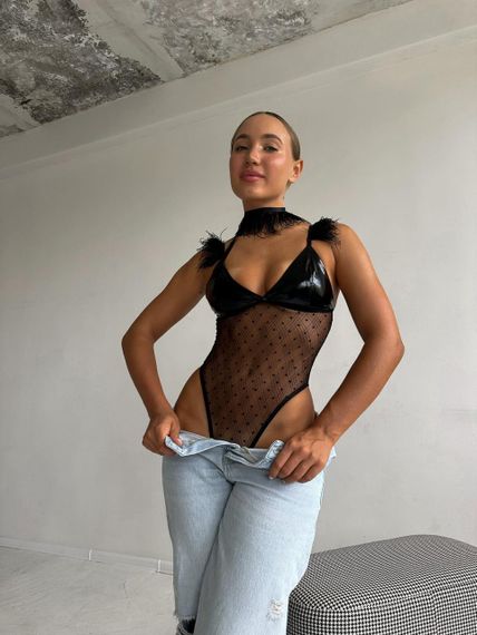Сетчатое боди с перьями D&A, XL Sex Aura
