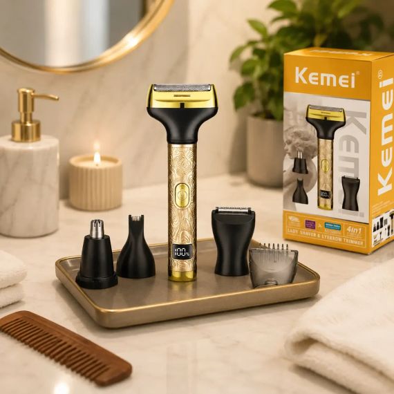 Чоловічий тример для бороди та вусів 4 в 1, Kemei KM-131, Золотистий / Бездротова електробритва для вух / Тример для носа | Зображення 1