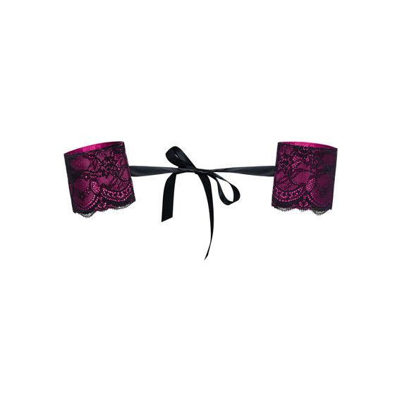 Атласні наручники-манжети на стрічках Obsessive Roseberry cuffs, pink, прикрашені мереживом | Зображення 1