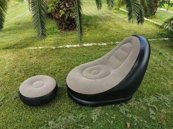 Надувной диван с пуфом Air Sofa / Надувное велюровое кресло с пуфиком+насос Бежевый | Зображення 2