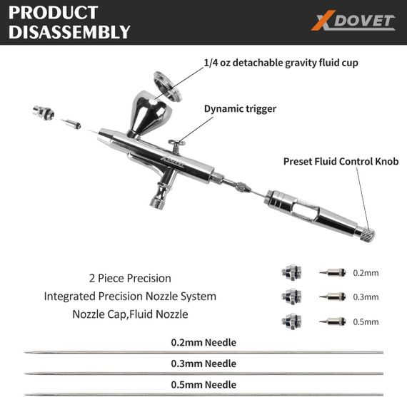 Аэрограф двойного действия XDOVET металлический, набор для рисования с иглами чашки для краски воздушный шланг | Зображення 1