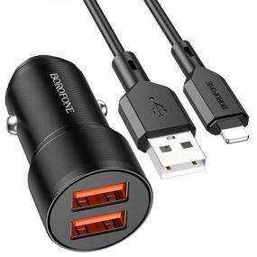 АЗП Borofone BZ19 Wishdom (2USB-A) + кабель USB to Lightning Black