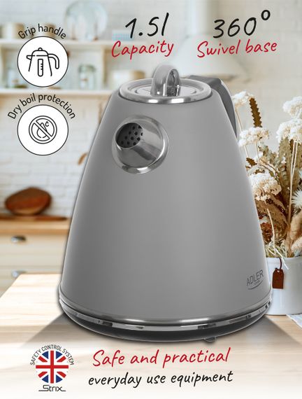 Електрочайник з нержавіючої сталі Adler AD 1343 сірий 1,5 л, 2200 Вт | Зображення 8