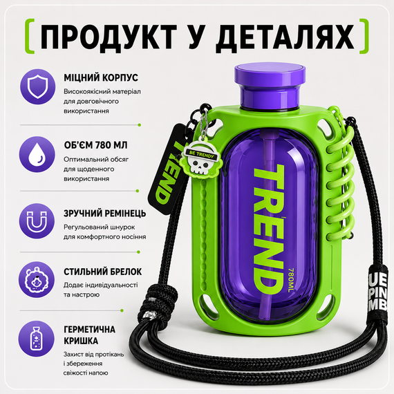 Бутылка для воды TREND 780 мл зеленая с силиконовым чехлом, соломинкой и ремешком | Зображення 6