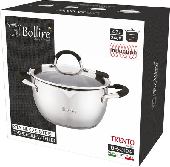 Каструля Bollire Trento BR-2404, 4. 7 л, 24 см, з нержавіючої сталі з кришкою, для всіх типів плит | Зображення 2