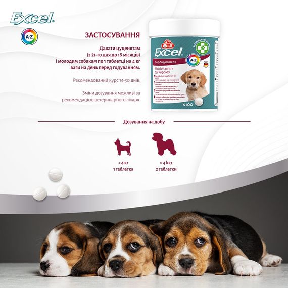 Витамины для здоровья щенков и юниоров 8in1 Excel Multi-Vitamin Puppy, 100 табл | Зображення 7