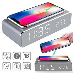 Беспроводная зарядка с LED часами Fast wireless charger&clock 10W Серая
