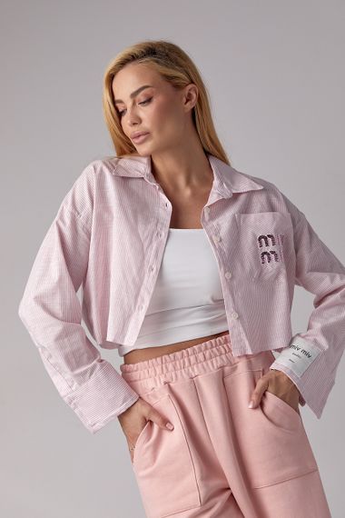 Укороченная рубашка в полоску с надписью Miu Miu - розовый цвет, L (есть размеры) | Зображення 4