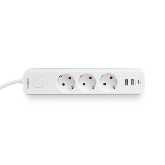 Мережевий подовжувач VIDEX ONCORD з/з 3п 3м (3x1.5мм) 2.4А 2USB+USB-C з кнопкою White | Зображення 4