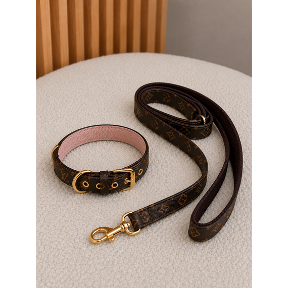 Брендовый ошейник и поводок для собак LOUIS VUITTON Эко кожа, расцветка с цветами, коричневый | Зображення 2