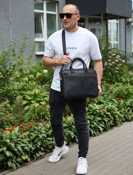 Чоловічий портфель на плече 38х28х8.5, офісний шкіряний месенджер, чоловіча ділова сумка для міста, чорна | Зображення 2