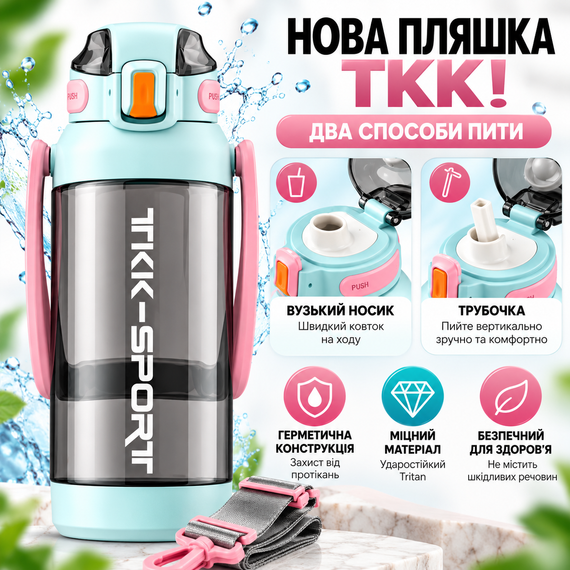 Бутылка для воды TKK 1400 мл бирюзовая спортивная из тритана Tritan BPA Free, с трубочкой, ручкой и ремешком | Зображення 3