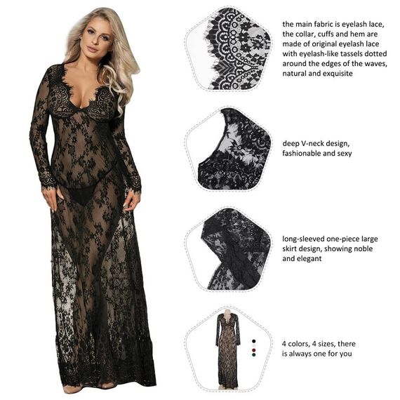 Пеньюар довгий мереживний Star Night та стрінги, чорний, XS/S | Зображення 3