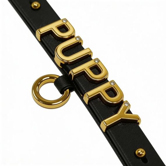 Чокер з написом PUPPY від UPKO з італійської шкіри, чорний із золотою фурнітурою Sex Aura | Зображення 5