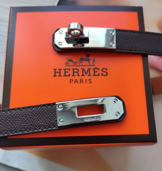 Трендовий шкіряний вузький ремінь Hermes Kelly brown/silver | Зображення 1