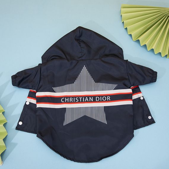 Брендовый дождевик для собак и котов Christian Dior со звездой на спине, с капюшоном, синий