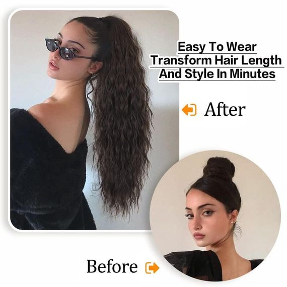 Хвіст накладний довгий кучерявий каштановий, шиньйон на шнурку хвилястий, термостійке коричневе волосся для швидкого нарощування | Зображення 4