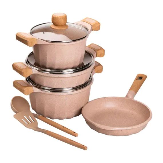 Набір посуду, 3 каструлі, сковорода, алюмінієва товстодонна MGC з лопаткою та ополоником, бежевий HP-4-401CR