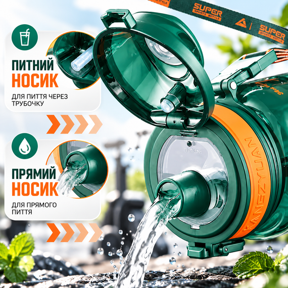 Спортивная бутылка KANGZYUAN 500 мл зеленая - Tritan BPA Free, ударопрочная бутылка для воды с трубочкой, ремешком | Зображення 6