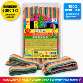 Мармеладные пластинки Lico Rico Rainbow 1 кг, желейные кислые ленты-ремешки в коробке микс вкусов