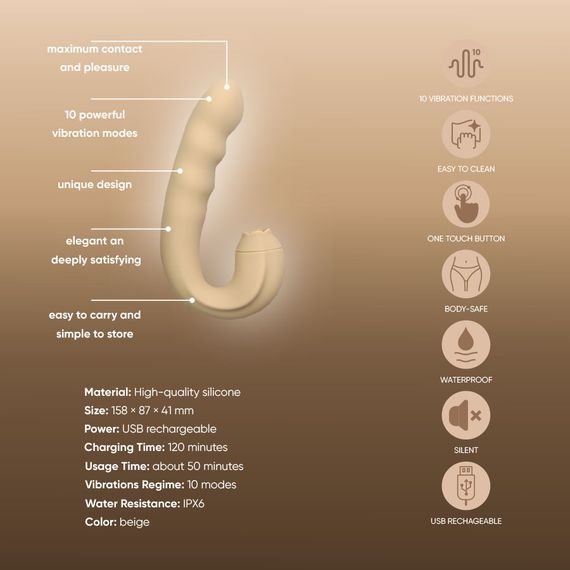 Вібратор з кліторальним стимулятором-язичком Sweet Em, бежевий, 15.8 х 8.7 х 4.1 см Sex Aura | Зображення 5