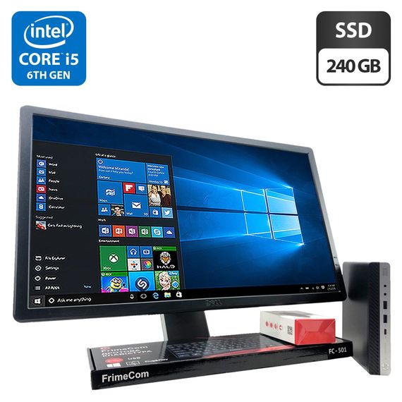 Комплект ПК: неттоп HP EliteDesk 800 G3 Desktop Mini USFF / Intel Core i5-6500T (4 ядер по 2.5 - 3.1 GHz) / 4 GB DDR4 / 240 GB SSD / Intel UHD Graphics 630 + Монитор Dell / 24" (1920x1080) TN б/у