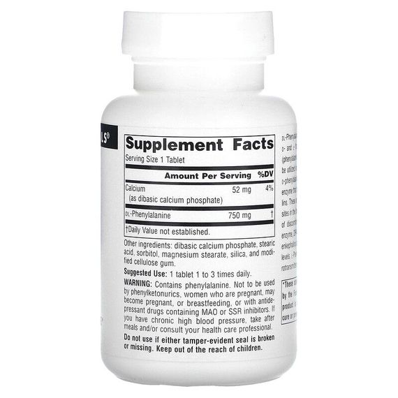 Фенілаланін Source Naturals DLPA 750 mg 60 Tabs | Зображення 1