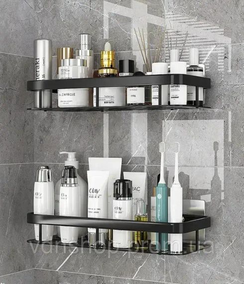 Настінна дворівнева полиця металева, що самоклеїться для ванної кімнати, душової.