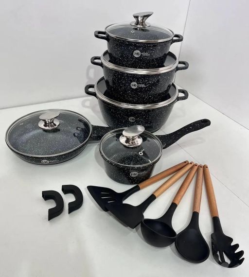 Набір посуду Higher Kitchen HK-305 17 предметів з кришками з гранітним покриттям | каструлі | ківш | сковорода | Зображення 4
