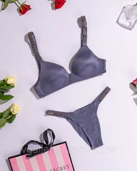 Комплект жіночої безшовної білизни Victoria`s Secret GOLD із золотими стразами Сірий колір | Зображення 5
