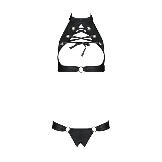 Комплект відкритий топ та трусики з екошкіри з люверсами Passion MALWIA SET with Open Bra L/XL black | Зображення 2