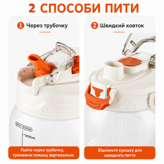 Бутылка TKK 2000 мл - Белая Tritan BPA-free, ударопрочная, спортивная с практичным ремешком | Зображення 7