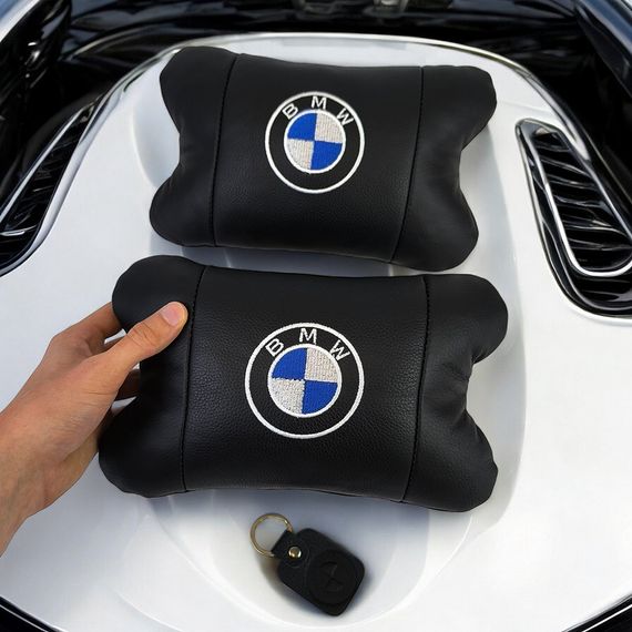 Авто подушки 2 шт — набор BMW из натуральной кожи, на подголовник в машину, Автомобильная OC-135 подушка БМВ | Зображення 5