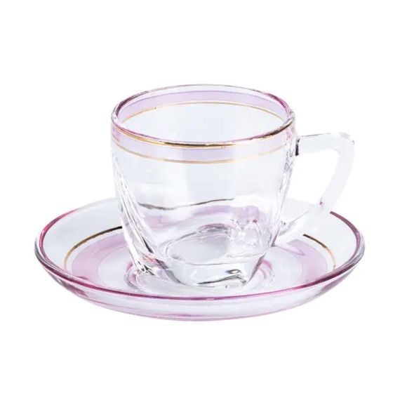 Чашки з блюдцем стеклянные прозрачные набор на 6 персон Розовый HP571 | Зображення 1